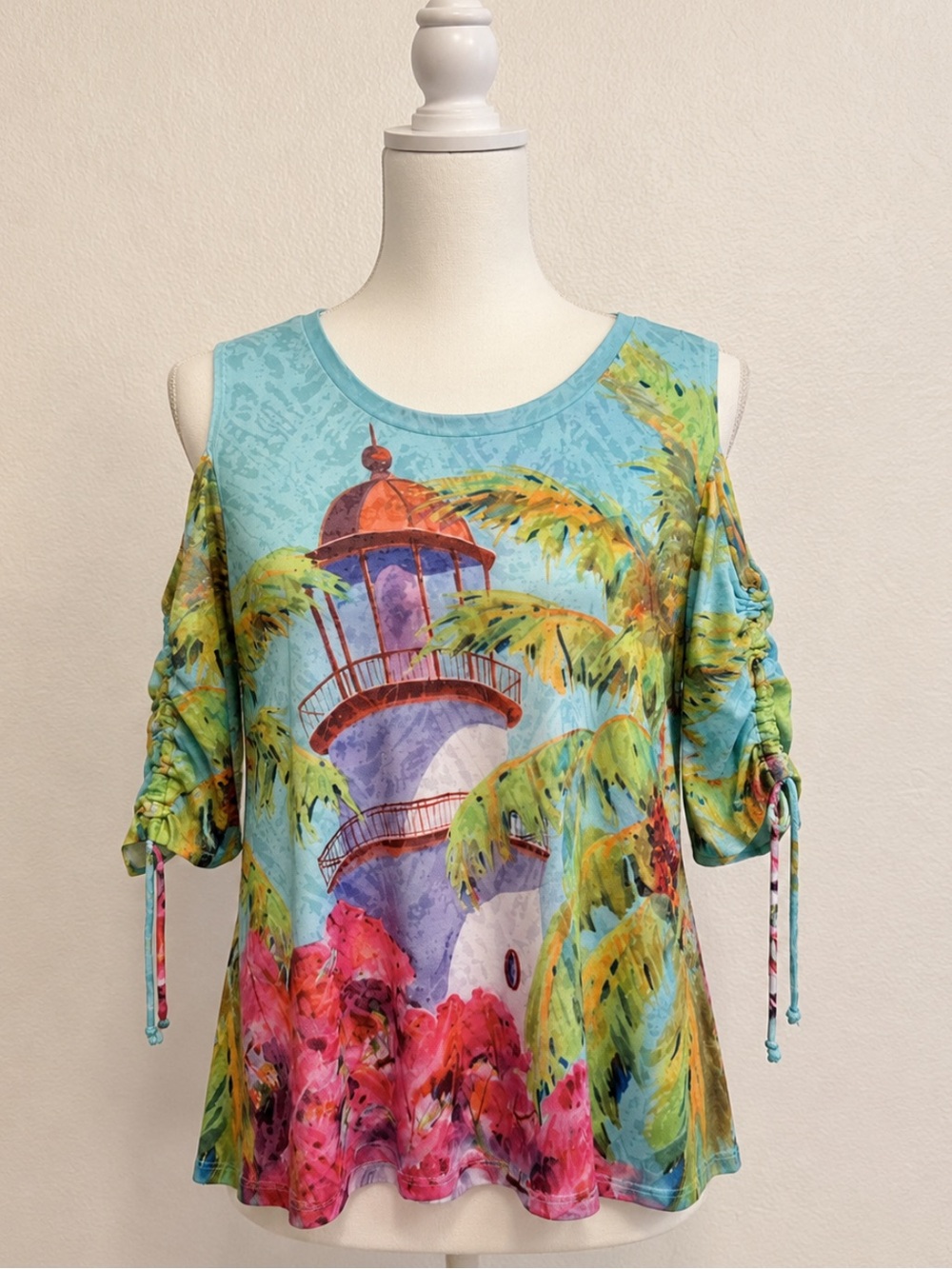 Tropical Turquoise Print Cold-Shoulder Top Size Petite Large